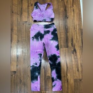 NWOT Purple and Black Tie-Dye Bubble Textured Yoga Set, Women’s Medium